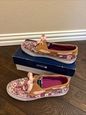 Sperry Women's Pink Floral Slip-On Moccasins with Tan Trim